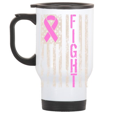 Fight Breast Cancer Awareness USA Flag Ribbon Stainless Steel Travel Mug