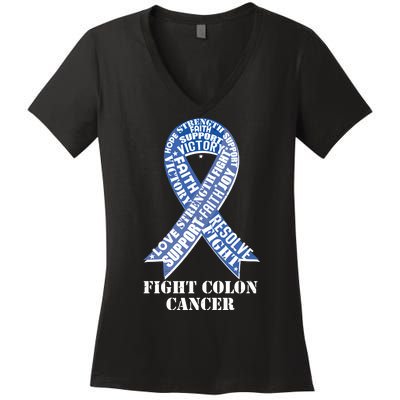 Fight Colon Cancer Resolve Support Faith Blue Ribbon Women's V-Neck T-Shirt