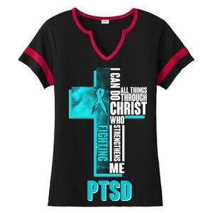 Fighting PTSD Awareness Cross Ladies Halftime Notch Neck Tee