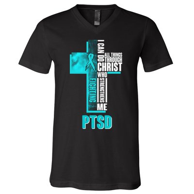 Fighting PTSD Awareness Cross V-Neck T-Shirt