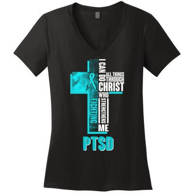 Fighting PTSD Awareness Cross Women's V-Neck T-Shirt