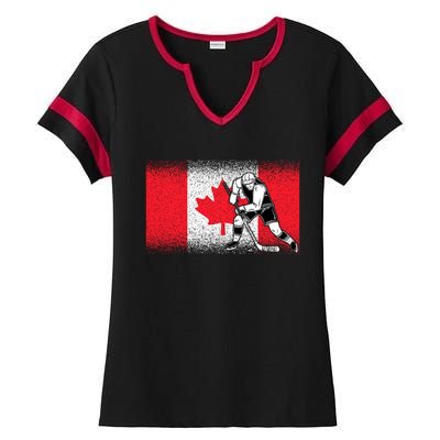 Funny Ice Hockey Player Maple Leaf Canadian Flag Canada Day Gift Ladies Halftime Notch Neck Tee