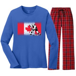 Funny Ice Hockey Player Maple Leaf Canadian Flag Canada Day Gift Women's Long Sleeve Flannel Pajama Set 