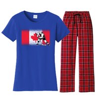 Funny Ice Hockey Player Maple Leaf Canadian Flag Canada Day Gift Women's Flannel Pajama Set