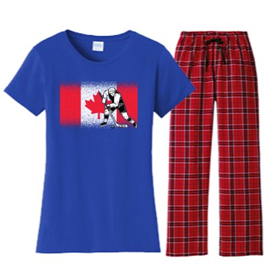 Funny Ice Hockey Player Maple Leaf Canadian Flag Canada Day Gift Women's Flannel Pajama Set