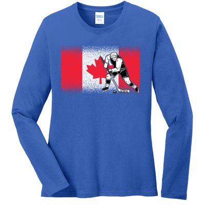 Funny Ice Hockey Player Maple Leaf Canadian Flag Canada Day Gift Ladies Long Sleeve Shirt