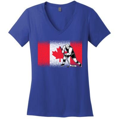 Funny Ice Hockey Player Maple Leaf Canadian Flag Canada Day Gift Women's V-Neck T-Shirt