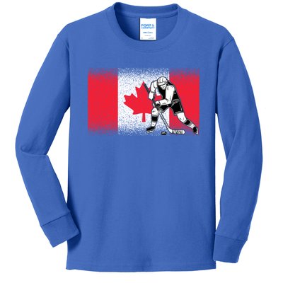 Funny Ice Hockey Player Maple Leaf Canadian Flag Canada Day Gift Kids Long Sleeve Shirt