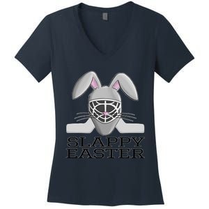 Fun Ice Hockey Easter Bunny Slappy Easter For Women's V-Neck T-Shirt