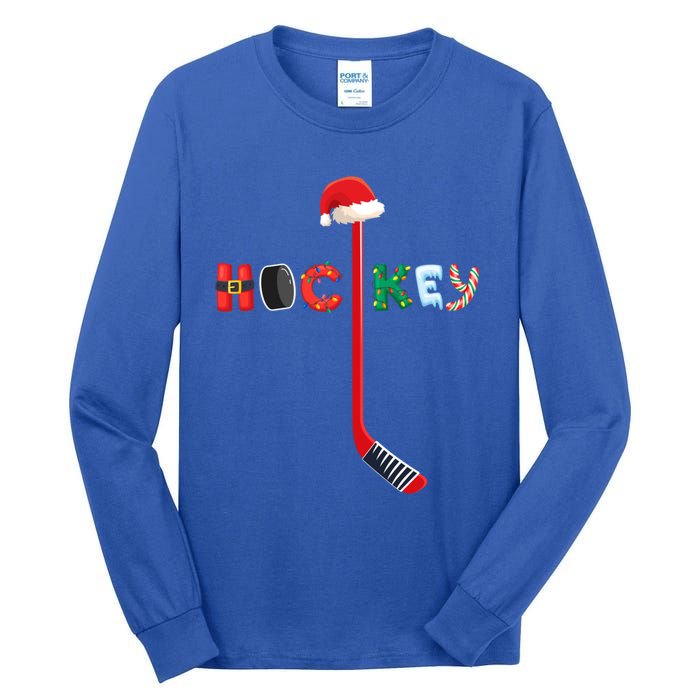 Funny Ice Hockey Stick Christmas Santa Lights Xmas Funny Gift Tall Long Sleeve T-Shirt