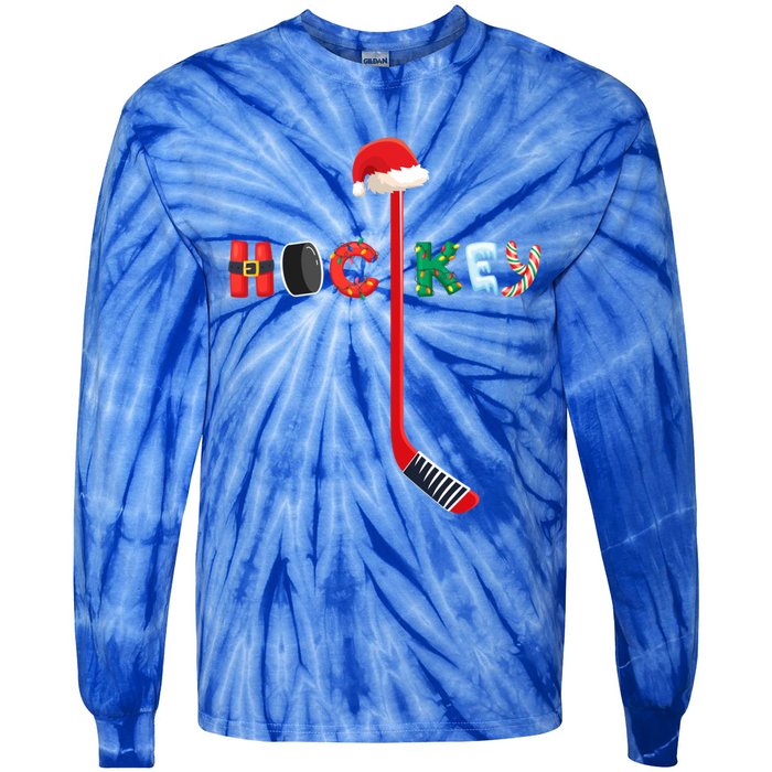 Funny Ice Hockey Stick Christmas Santa Lights Xmas Funny Gift Tie-Dye Long Sleeve Shirt