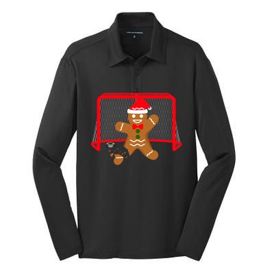 Funny Ice Hockey Goalie Gingerbread Christmas Pajama Gift Silk Touch Performance Long Sleeve Polo