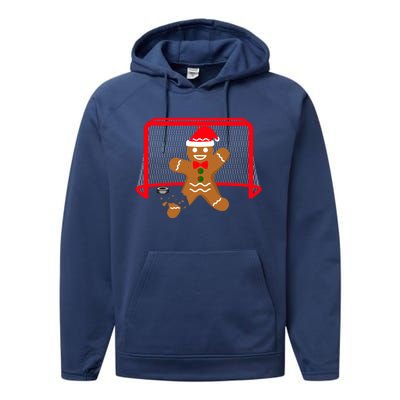 Funny Ice Hockey Goalie Gingerbread Christmas Pajama Gift Performance Fleece Hoodie