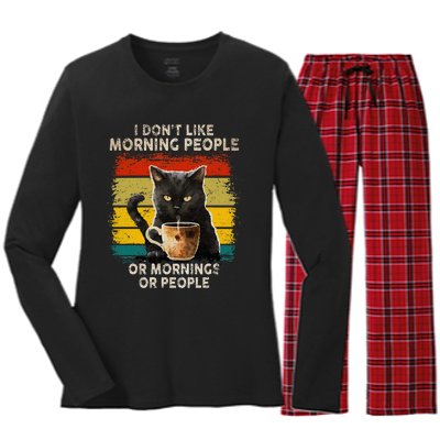 Fun I Hate Morning People And Mornings And People Coffee Cat Women's Long Sleeve Flannel Pajama Set 