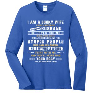 Funny I Have A Freaking Awesome Husband He Loves Skiing Gift Ladies Long Sleeve Shirt