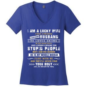 Funny I Have A Freaking Awesome Husband He Loves Skiing Gift Women's V-Neck T-Shirt