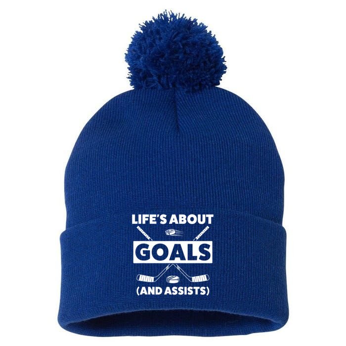 Funny Ice Hockey For Boy Lifes About Goals Gift Pom Pom 12in Knit Beanie