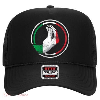 Funny Italy Hand Gesture Italian Flag High Crown Mesh Back Trucker Hat