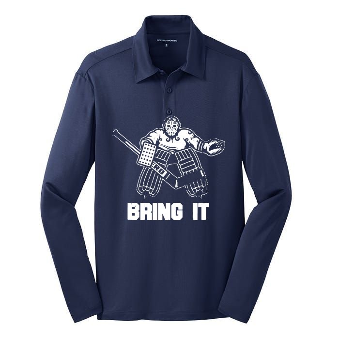 Funny Ice Hockey Player Gift Goalie Apparel Graphic Silk Touch Performance Long Sleeve Polo