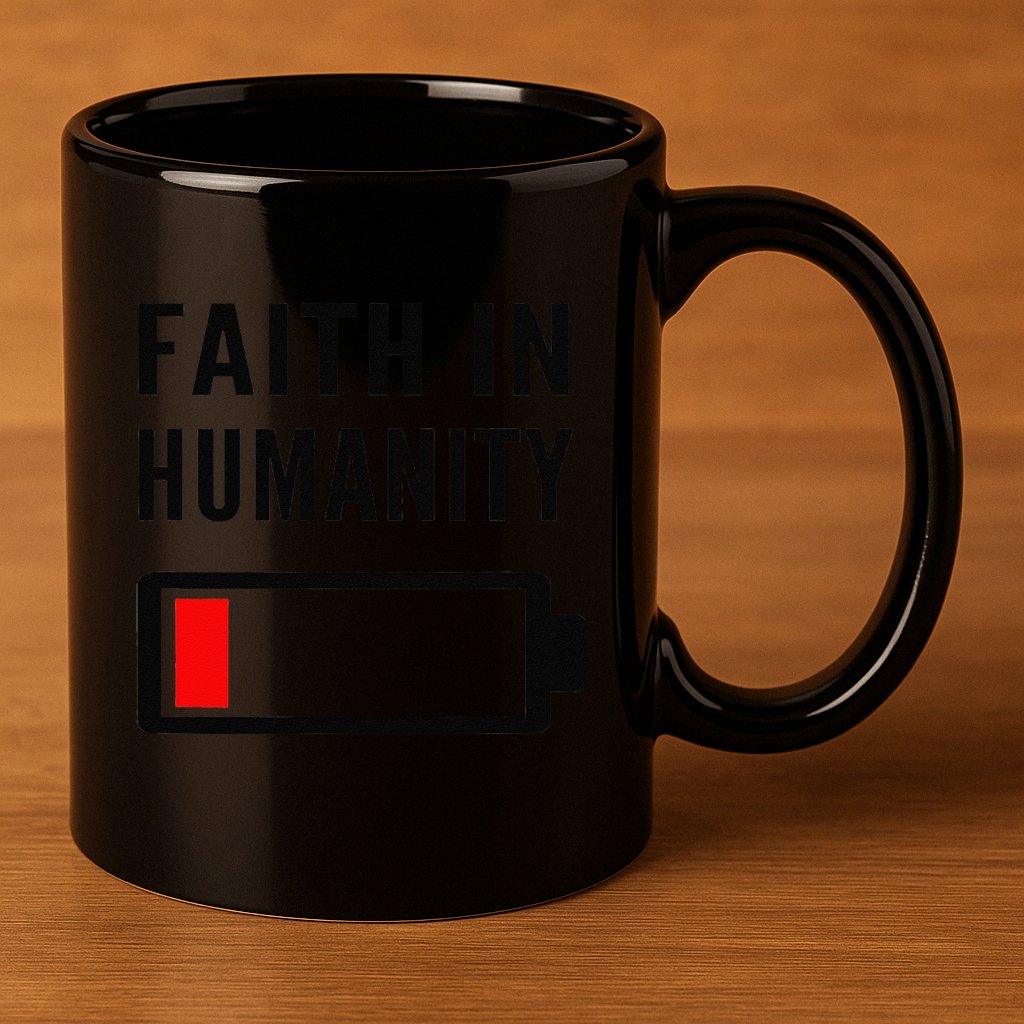Faith In Humanity Low Battery Pessimistic News Meme Design 11oz C Handle Ceramic Mug