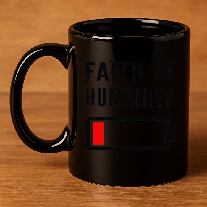Faith In Humanity Low Battery Pessimistic News Meme Design 11oz C Handle Ceramic Mug