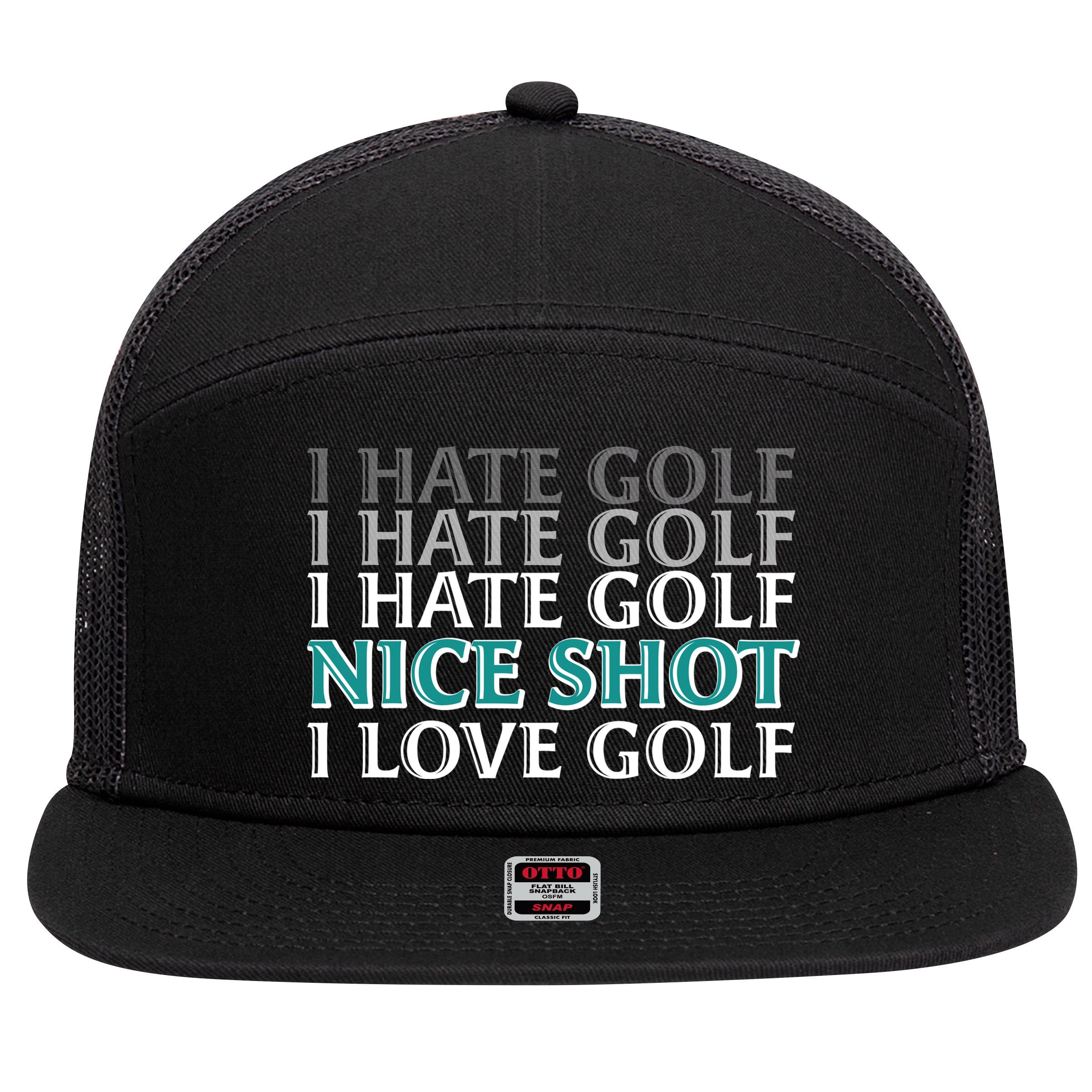 Funny I Hate Love Golf Nice Shot 7 Panel Mesh Trucker Snapback Hat