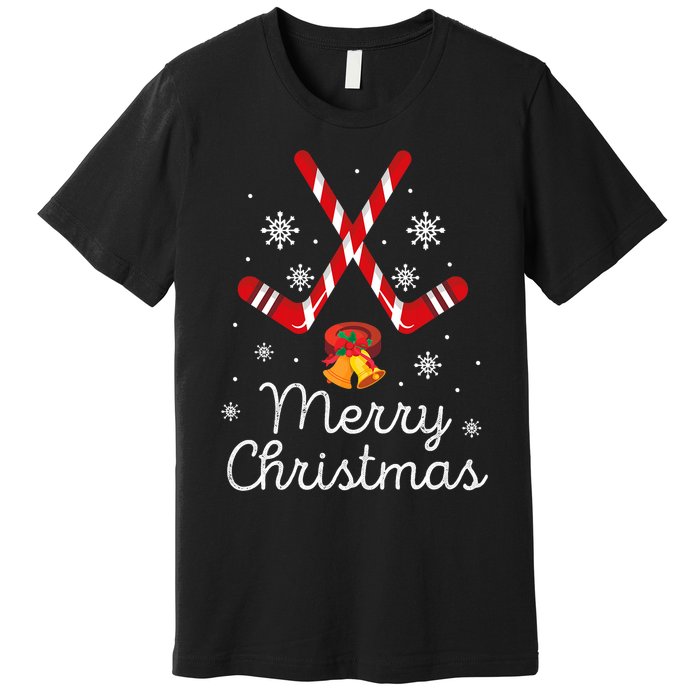 Funny Ice Hockey Merry Christmas Candy Cane Xmas Gifts Premium T-Shirt