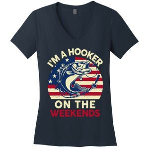 Fishingshirt IM Hooker On The Weekends Funny Bass Fish Dad Women's V-Neck T-Shirt