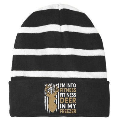 Funny I'm Into Fitness Fit'Ness Deer In My Freezer Deer Striped Beanie with Solid Band