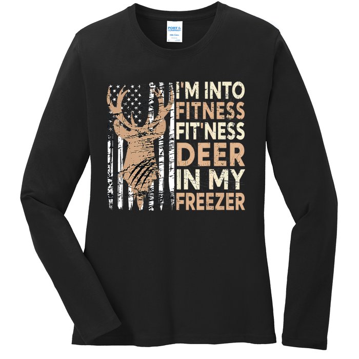 Funny IM Into Fitness FitNess Deer In My Freezer Deer Ladies Long Sleeve Shirt