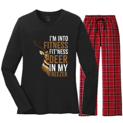 Funny IM Into Fitness FitNess Deer In My Freezer Hunting Deer Women's Long Sleeve Flannel Pajama Set 