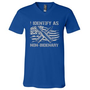 Funny I Identify As Nonbidenary American Flag On Back V-Neck T-Shirt