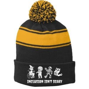 Funny Inclusion IsnT Scary Teacher Halloween 2024 Stripe Pom Pom Beanie