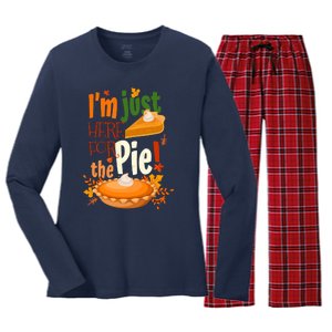 Funny I'm Just Here For The Pie Funny Thanksgiving Pumpkin Pie Women's Long Sleeve Flannel Pajama Set 