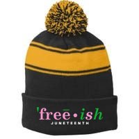 Free Ish Juneteenth Pink And Green Celebrating Juneteenth Free Ish Juneteenth Stripe Pom Pom Beanie