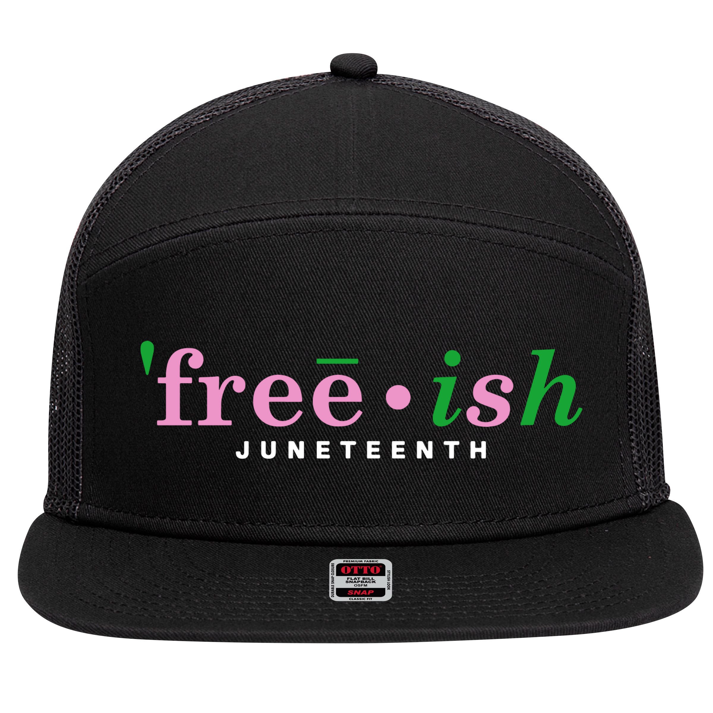 Free Ish Juneteenth Pink And Green Celebrating Juneteenth Free Ish Juneteenth 7 Panel Mesh Trucker Snapback Hat