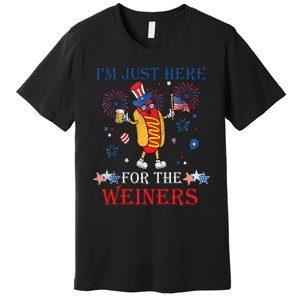 Funny Im Just Here For The Wieners 4Th Of July USA Hot Dog Premium T-Shirt