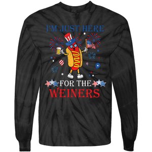 Funny Im Just Here For The Wieners 4Th Of July USA Hot Dog Tie-Dye Long Sleeve Shirt