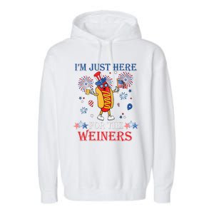 Funny Im Just Here For The Wieners 4Th Of July USA Hot Dog Garment-Dyed Fleece Hoodie