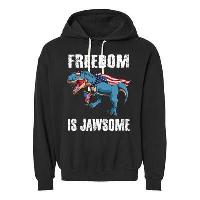 Freedom Is Jawsome 4th Of July Dinosaur Teens Gift Garment-Dyed Fleece Hoodie