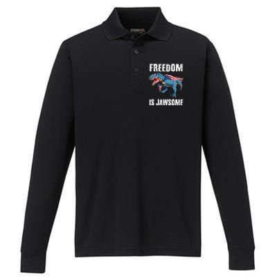 Freedom Is Jawsome 4th Of July Dinosaur Teens Gift Performance Long Sleeve Polo