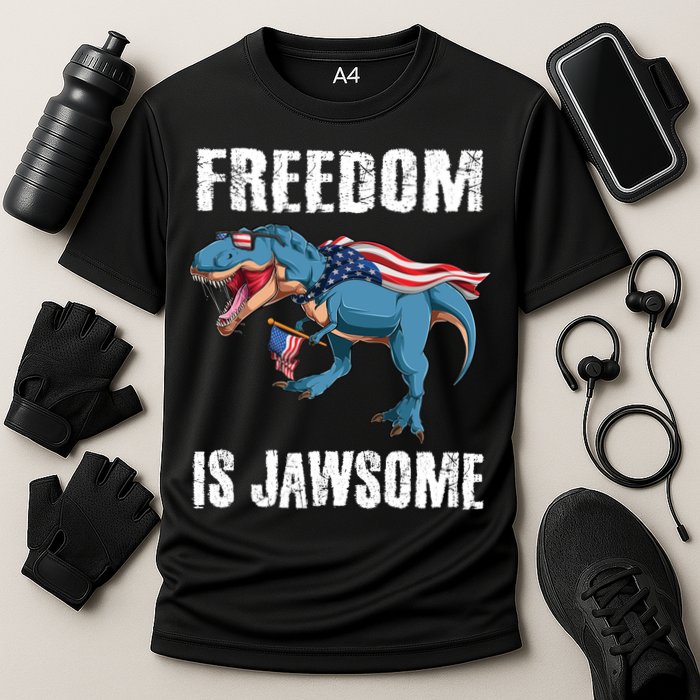Freedom Is Jawsome 4th Of July Dinosaur Teens Gift Cooling Performance Crew T-Shirt