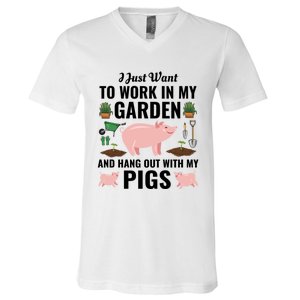 Funny I Just Want To Work In My Garden And Hang Out With Pigs Gift V-Neck T-Shirt