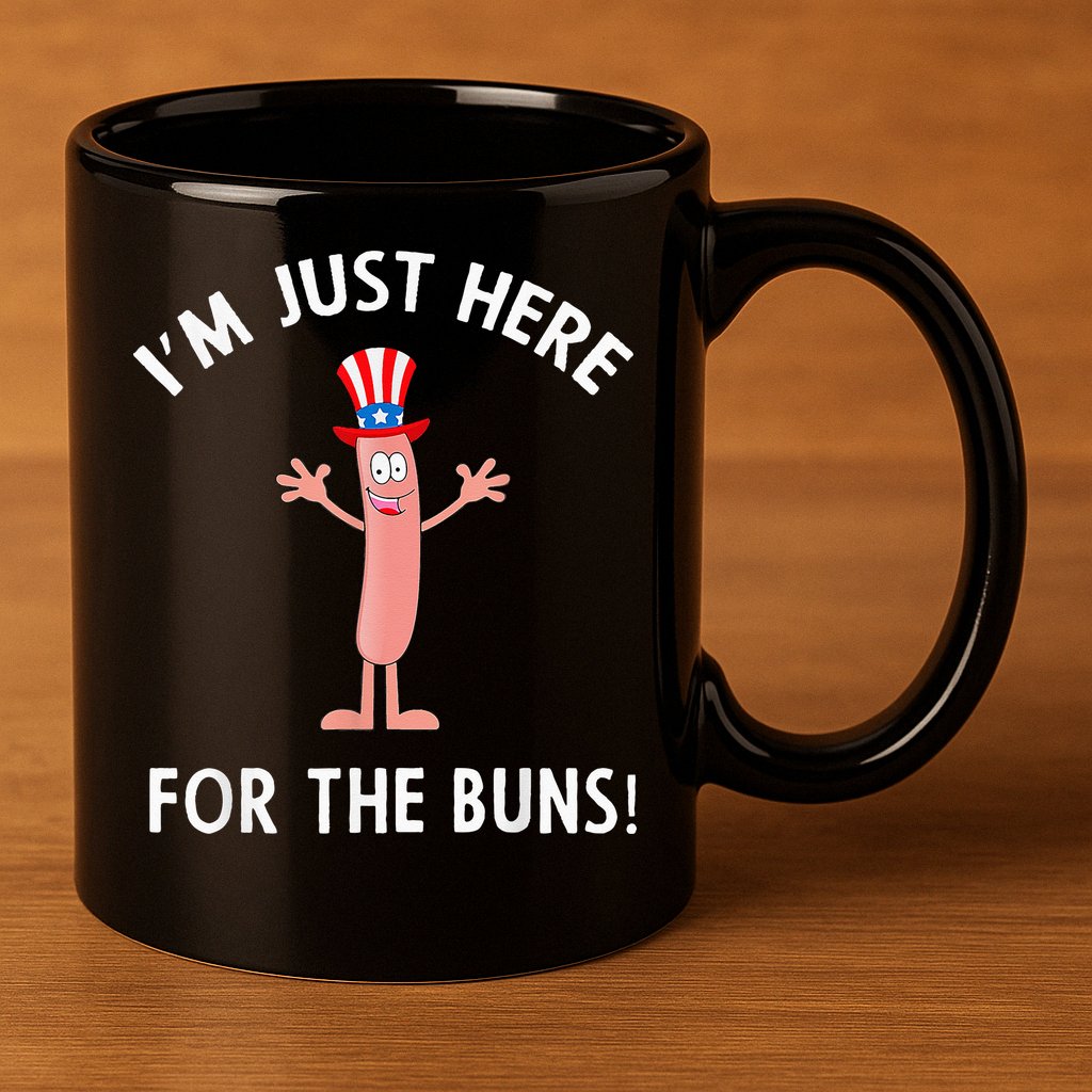 Funny I'm Just Here For The Buns Patriotic Hot Dog 11oz C Handle Ceramic Mug