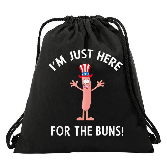 Funny I'm Just Here For The Buns Patriotic Hot Dog Drawstring Bag