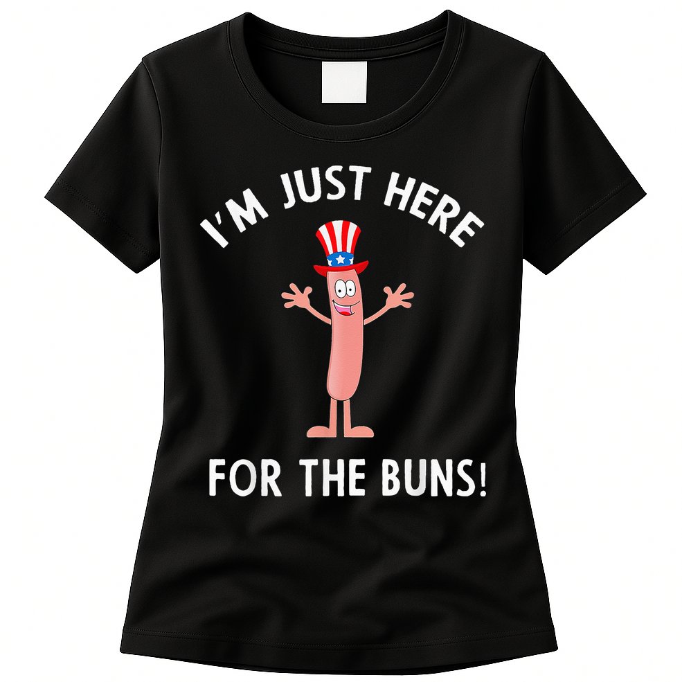 Funny I'm Just Here For The Buns Patriotic Hot Dog Womens T-Shirt