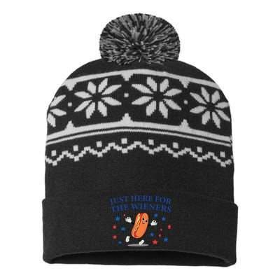 Funny Im Just Here For The Wieners Funny 4th Of July Hot Dog USA-Made Snowflake Beanie