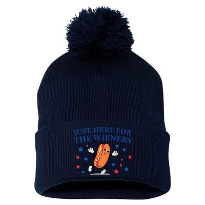 Funny Im Just Here For The Wieners Funny 4th Of July Hot Dog Pom Pom 12in Knit Beanie