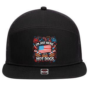 Funny IM Just Here For The Hot Dogs 4th Of July Gift 7 Panel Mesh Trucker Snapback Hat