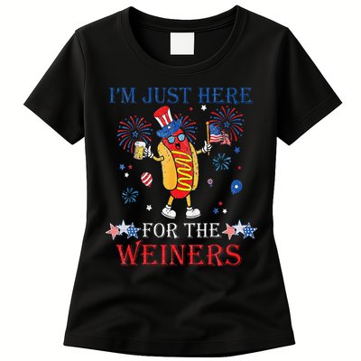 Funny Im Just Here For The Wieners 4Th Of July Womens T-Shirt